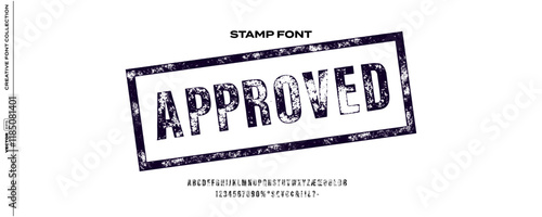 Textured stamp font with grunge and distressed effects, rough and uneven edges for vintage, retro, industrial, and official document designs