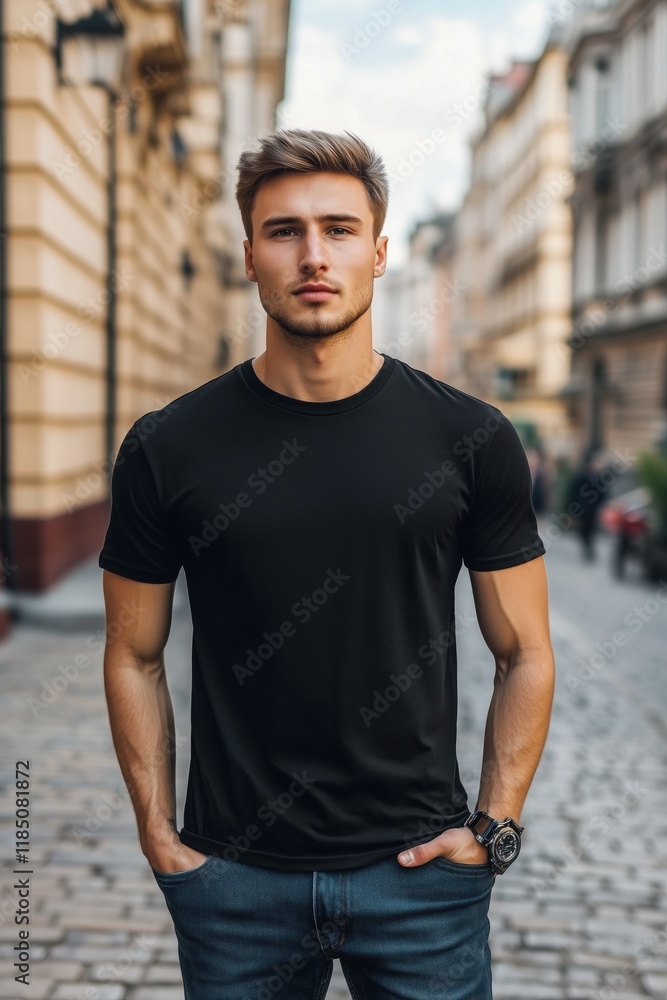 A young man stands confidently on a cobblestone street, wearing a black t-shirt mockup and jeans. He has a stylish haircut and a watch on his wrist, with historic buildings in the background. A young man stands confidently on a cobblestone street, wearing a black t-shirt mockup and jeans. He has a stylish haircut and a watch on his wrist, with historic buildings in the background.