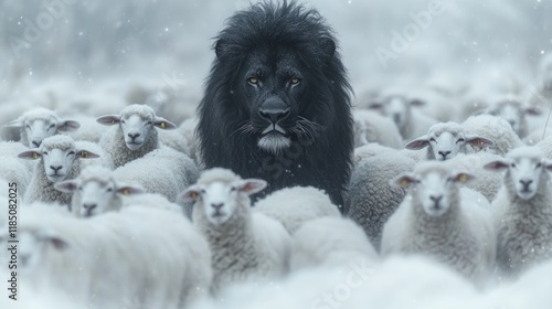 Black lion stands among white sheep in snowy field.