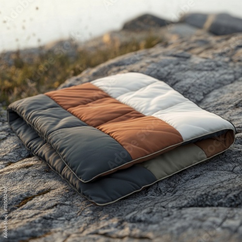 Folded outdoor quilt on rocky surface by a lake in natural light photo