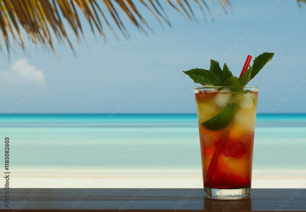 Mojito cocktail garnished with lime wedges and fresh mint served in a tall glass on a wooden table at a tropical beach Mojito cocktail garnished with lime wedges and fresh mint served in a tall glass on a wooden table at a tropical beach