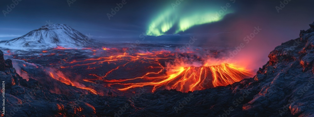 An awe-inspiring perspective of a high-altitude volcanic crater with glowing lava rivers and a rare, deep red aurora borealis casting a dramatic glow over the fiery landscape, Volcanic crater scene An awe-inspiring perspective of a high-altitude volcanic crater with glowing lava rivers and a rare, deep red aurora borealis casting a dramatic glow over the fiery landscape, Volcanic crater scene