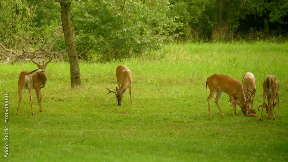 A small herd of Whitetail buck, some with very large antlers, share a deer lick in an open field while one grooms his tail. A small herd of Whitetail buck, some with very large antlers, share a deer lick in an open field while one grooms his tail.