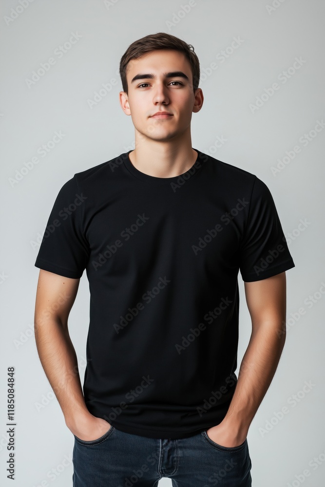 A young man stands confidently with his hands in his pockets, wearing a plain black t-shirt mockup and jeans. He has a neutral expression and is facing the camera against a light gray background. A young man stands confidently with his hands in his pockets, wearing a plain black t-shirt mockup and jeans. He has a neutral expression and is facing the camera against a light gray background.