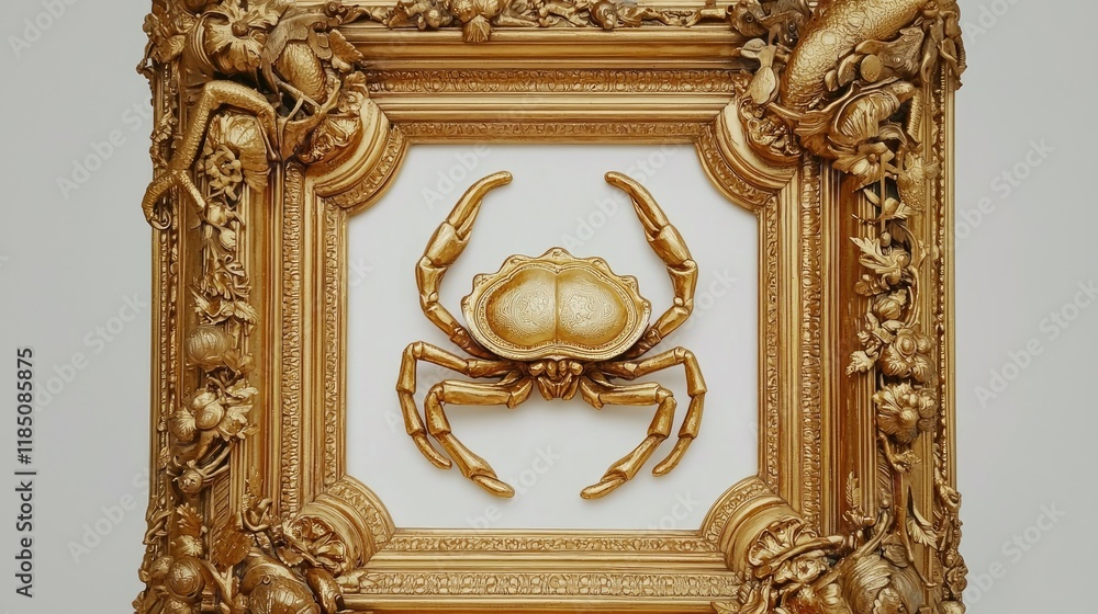 A golden ornate frame displays a sculptural crab, blending art and nature in a striking visual presentation. A golden ornate frame displays a sculptural crab, blending art and nature in a striking visual presentation.