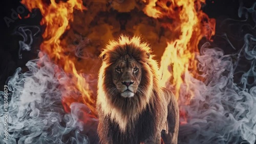 Lion Surrounded By Flames Looping Video, Fire And Smoke, Lion of Judah Powerful Symbolic Scene Representing the Journey of Redemption, Christianity and Faith, Loop 4K