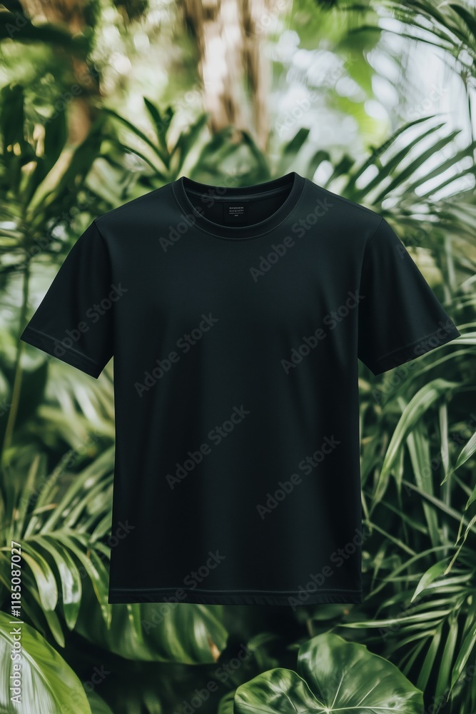 A plain black t-shirt mockup against a lush green tropical background, highlighting the shirt's simplicity and elegance. A plain black t-shirt mockup against a lush green tropical background, highlighting the shirt's simplicity and elegance.