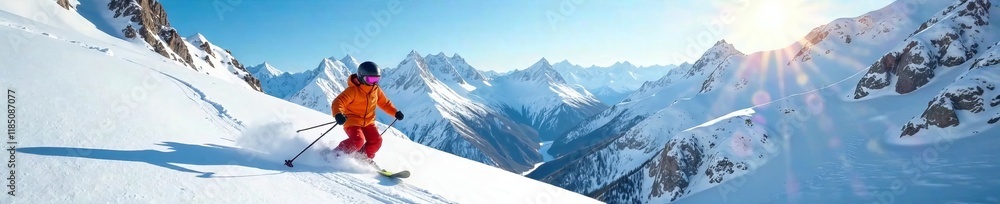 Obraz premium Snowy mountain terrain with child skiing under helmet , play, helmet, adventure