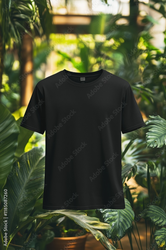 A plain black t-shirt mockup against a lush green tropical background, showcasing the shirt's design and fabric texture. A plain black t-shirt mockup against a lush green tropical background, showcasing the shirt's design and fabric texture.
