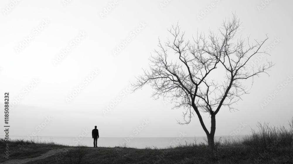 Solitary figure standing near a leafless tree by the sea under a hazy sky. Solitary figure standing near a leafless tree by the sea under a hazy sky.