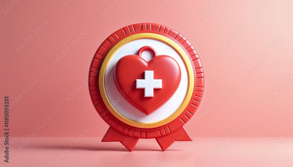 Obraz premium Red heart-shaped medal with a white cross and ribbon details on a pink background, symbolizing healthcare, compassion, and medical recognition