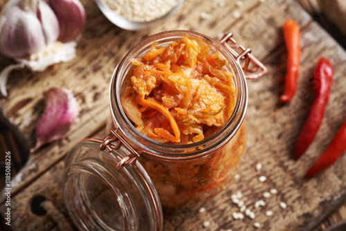 Korean kim chi in a glass jar on a table with chilli peppers, sesame seeds and garlic photo