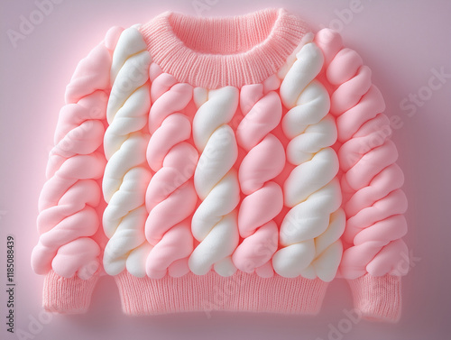 a soft pink and white sweater made of fluffy marshmallow treats. playful fusion concept of food and fashion