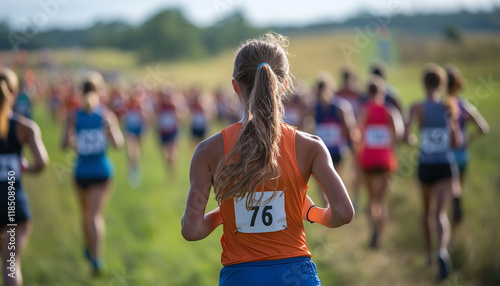 woman running cross-country with team members