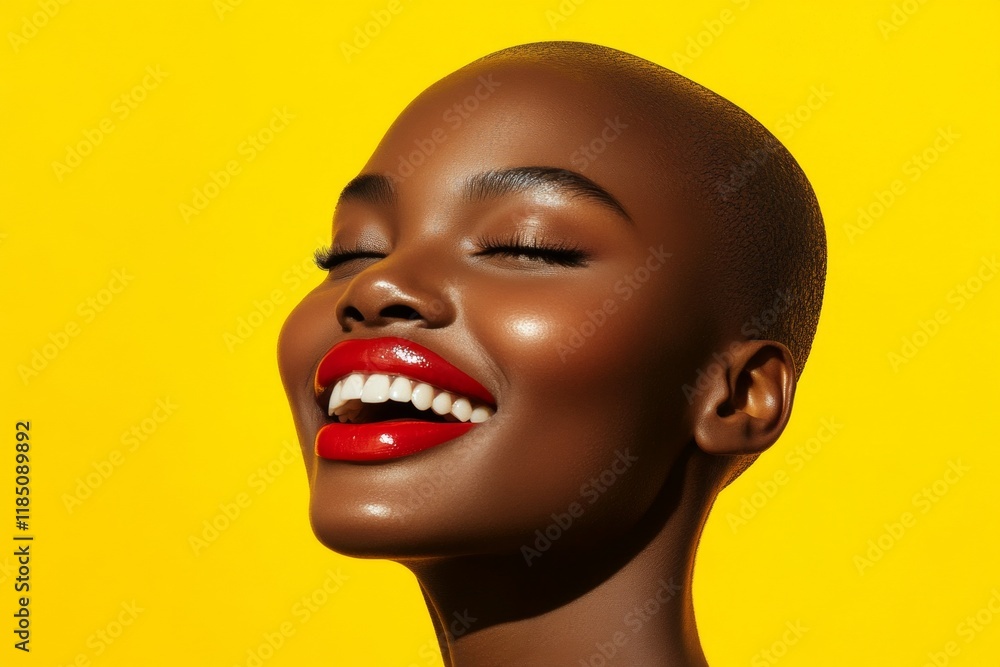 Commercial ad graphic design. Short coiffure - bald head - no hair. Gorgeous happy black girl - for ads, banner ad and social platforms banner use. Creative black beauty style. Black model. Commercial ad graphic design. Short coiffure - bald head - no hair. Gorgeous happy black girl - for ads, banner ad and social platforms banner use. Creative black beauty style. Black model.