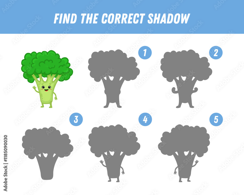 Find correct shadow of broccoli. Educational logical game for kids. Vegetable. Cartoon broccoli character. Vector Find correct shadow of broccoli. Educational logical game for kids. Vegetable. Cartoon broccoli character. Vector