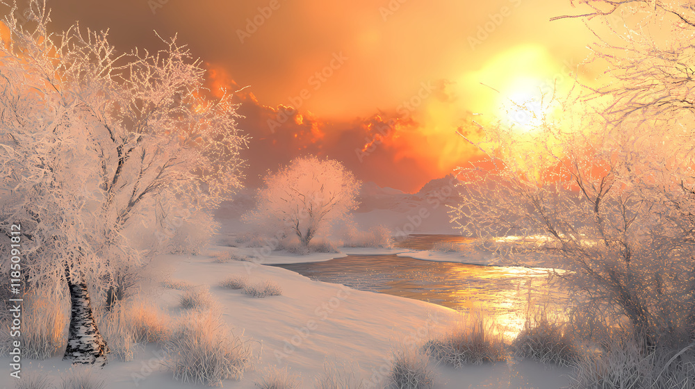 Design a serene landscape featuring frostbloom and flameburst. Frostbloom. Illustration Design a serene landscape featuring frostbloom and flameburst. Frostbloom. Illustration