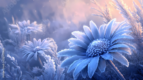 Frostbloom fantasy: daisy petals transform into a frosty fantasy, casting a spell of cold enchantment over the landscape. Frostbloom. Illustration