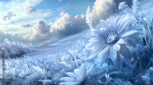Frostbloom fantasy: daisy petals transform into a frosty fantasy, casting a spell of cold enchantment over the landscape. Frostbloom. Illustration