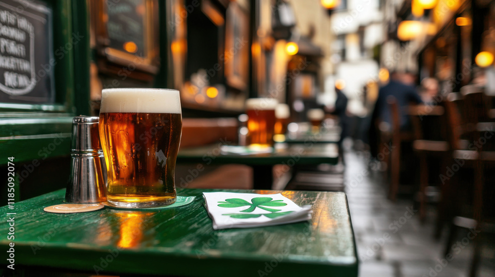 A cozy pub scene featuring a pint of beer on a green table, surrounded by warm lighting and a rustic atmosphere. A cozy pub scene featuring a pint of beer on a green table, surrounded by warm lighting and a rustic atmosphere.