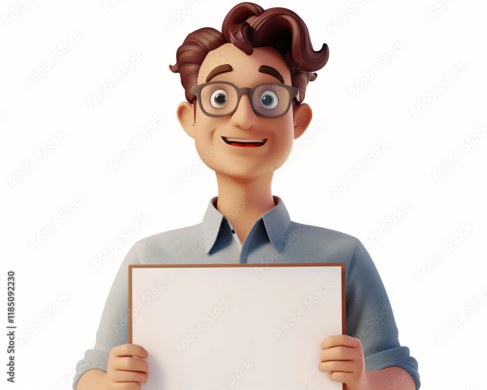 Cheerful Cartoon Character Holding Blank Sign for Custom Text - Friendly Mascot Design Cheerful Cartoon Character Holding Blank Sign for Custom Text - Friendly Mascot Design
