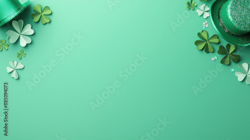 A vibrant green background adorned with scattered shamrocks and festive hats, perfect for St. Patrick's Day celebrations.