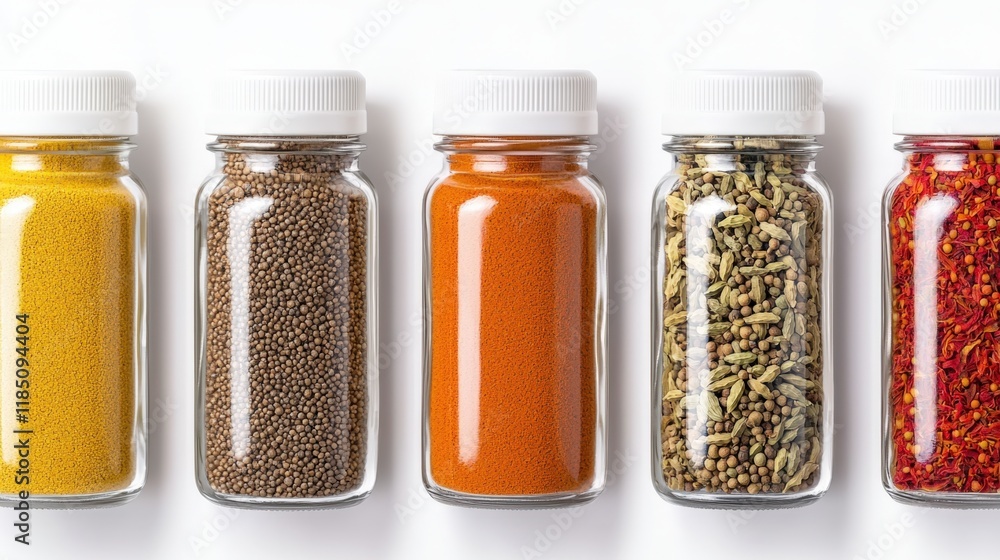 Product display packaging and organized, A collection of colorful spice jars lined up, showcasing a variety of spices including yellow, brown, orange, and red, perfect for culinary enthusiasts. Product display packaging and organized, A collection of colorful spice jars lined up, showcasing a variety of spices including yellow, brown, orange, and red, perfect for culinary enthusiasts.