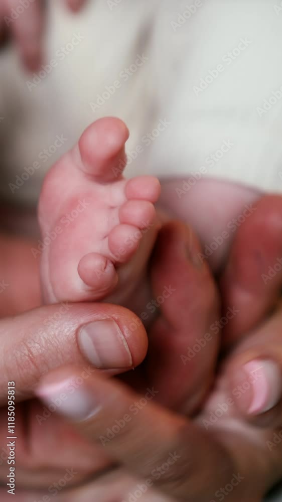 Adorable little feet of a newborn in a big male hand. Female hand strokes little toes. Daddy, mommy and infant baby. Close up. Vertical video Adorable little feet of a newborn in a big male hand. Female hand strokes little toes. Daddy, mommy and infant baby. Close up. Vertical video