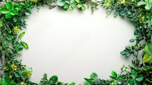 Wallpaper Mural A decorative frame of lush green leaves and small yellow flowers surrounding a blank space, ideal for invitations or announcements. Torontodigital.ca