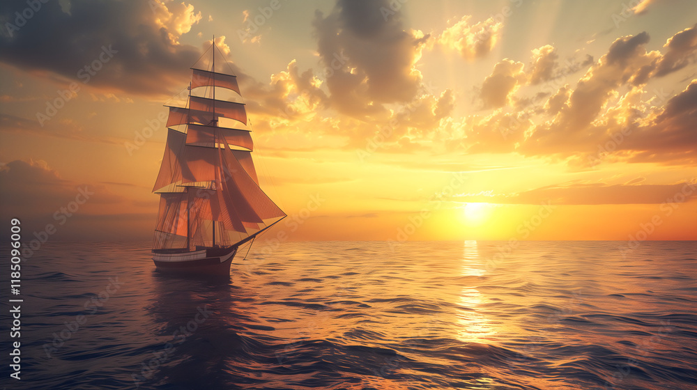Fototapeta premium Majestic Sailing Ship at Sunset on the Open Sea - Tranquil Ocean Sunset Scene with Dramatic Clouds and Glowing Horizon