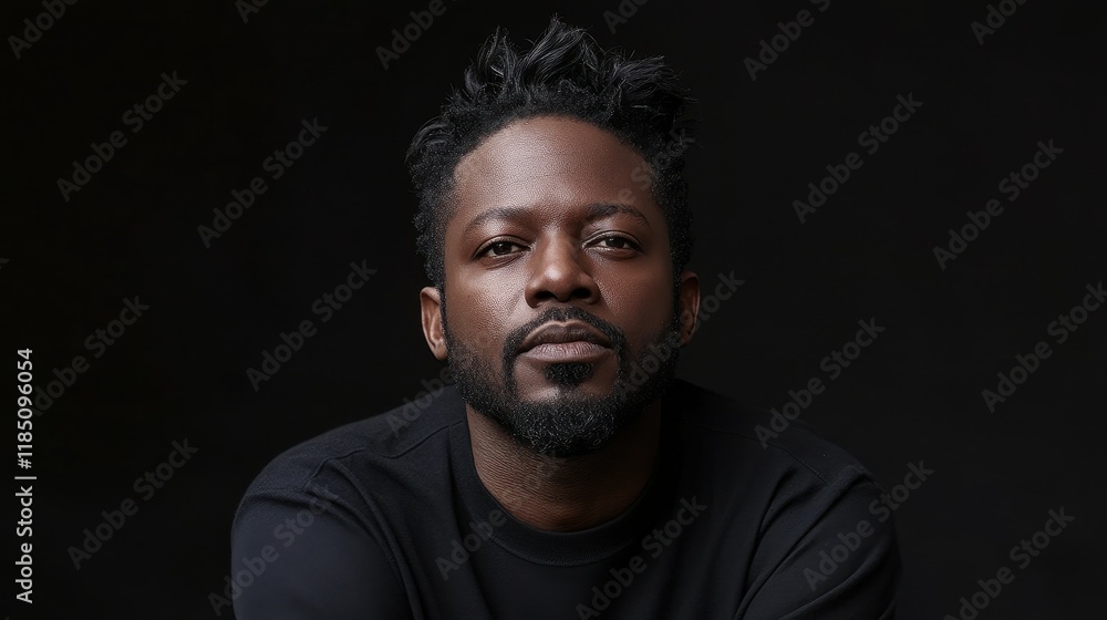 A man with a beard and a mustache is standing in front of a black background. He is wearing a black shirt and he is sweating A man with a beard and a mustache is standing in front of a black background. He is wearing a black shirt and he is sweating