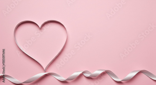 Heart shape border made of silver ribbon on pink background. Valentine's day greeting card mockup, minimal flat lay style composition with copy space. Love concept. photo