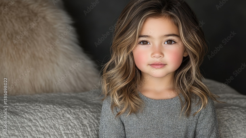 A young girl with long brown hair is sitting on a bed. She is wearing a gray sweater and has a pinkish blush on her cheeks. Concept of innocence and warmth, as the girl appears to be comfortable A young girl with long brown hair is sitting on a bed. She is wearing a gray sweater and has a pinkish blush on her cheeks. Concept of innocence and warmth, as the girl appears to be comfortable