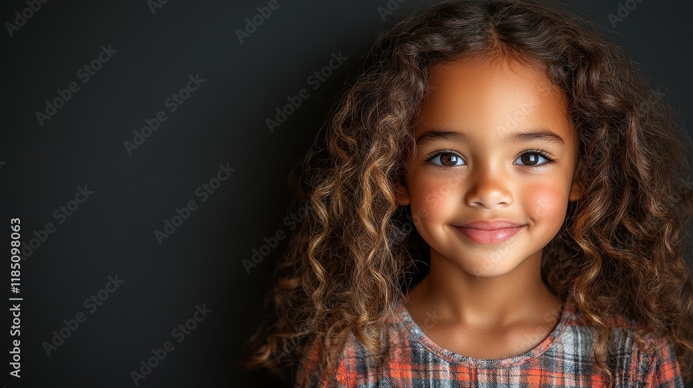 A young girl with long hair and a plaid shirt is smiling. She has a bright, happy expression on her face A young girl with long hair and a plaid shirt is smiling. She has a bright, happy expression on her face