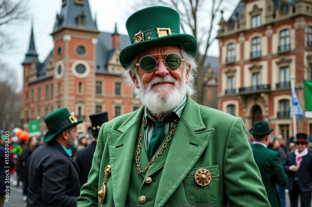 Obraz premium Elderly caucasian man in green costume celebrating st. patrick's day parade