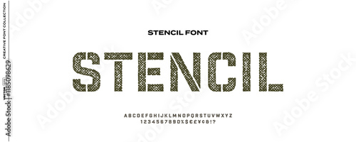 Stencil font with rugged,cut-out gaps and samp textured, weathered edges, blending grunge and urban styles for military, industrial, and street-style designs.