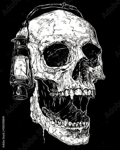 Skull and Lantern black and white illustration photo