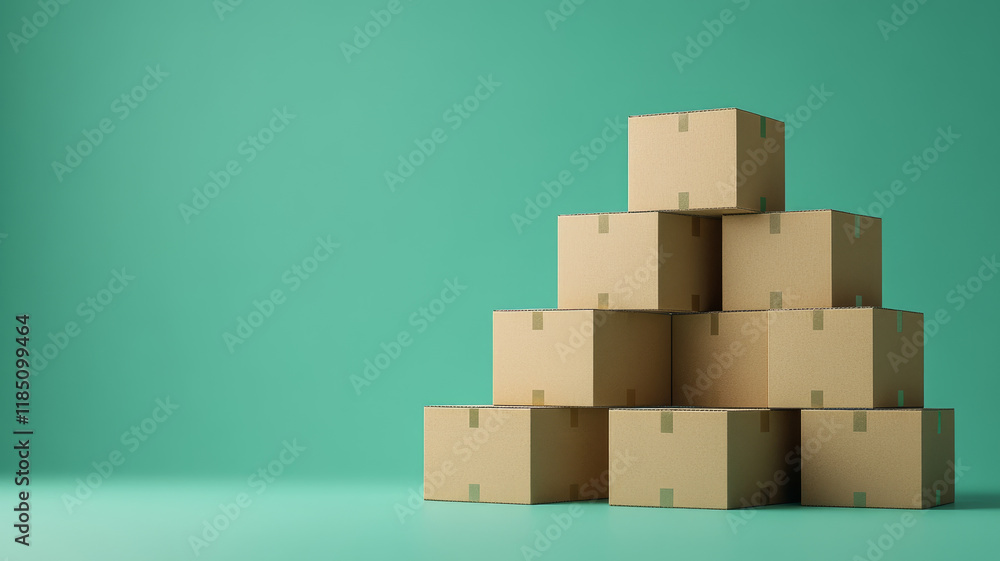 Stack of cardboard boxes on green background Stack of cardboard boxes on green background