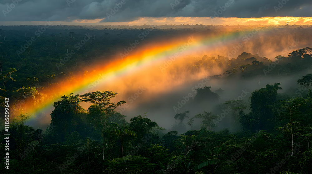 Naklejka premium Spectacular Rainbow Arcing Over a Misty Rainforest at Sunrise