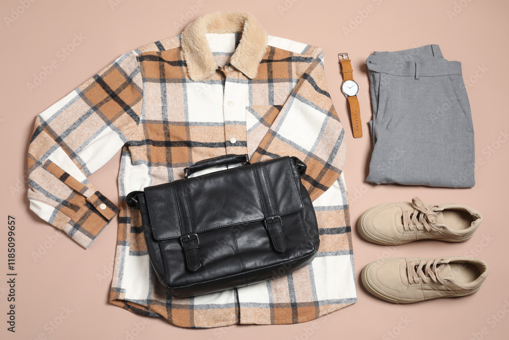 Stylish outfit with briefcase on brown background, flat lay Stylish outfit with briefcase on brown background, flat lay