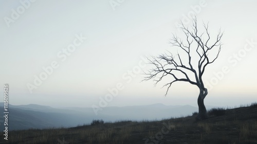 Wallpaper Mural Silhouette of a dead tree on a hilltop at dawn, misty mountains in the background. Torontodigital.ca