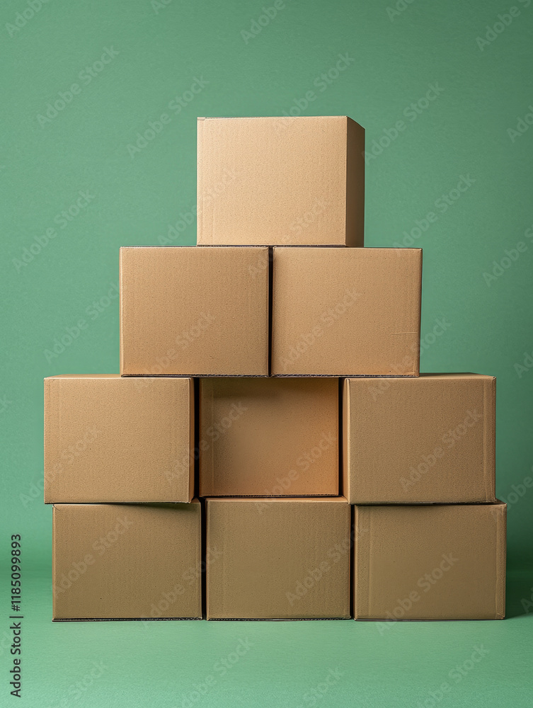 Fototapeta premium Stacked cardboard boxes on a green background