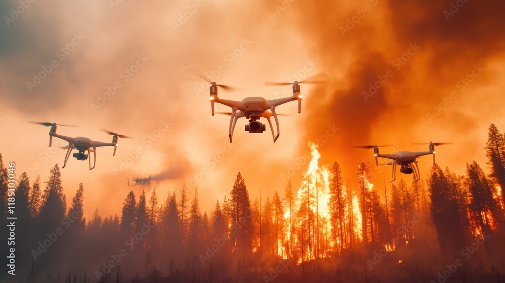 Drones monitoring a wildfire, equipped with cameras and lights, flying amidst smoke and flames in a forest fire scene. Drones monitoring a wildfire, equipped with cameras and lights, flying amidst smoke and flames in a forest fire scene.