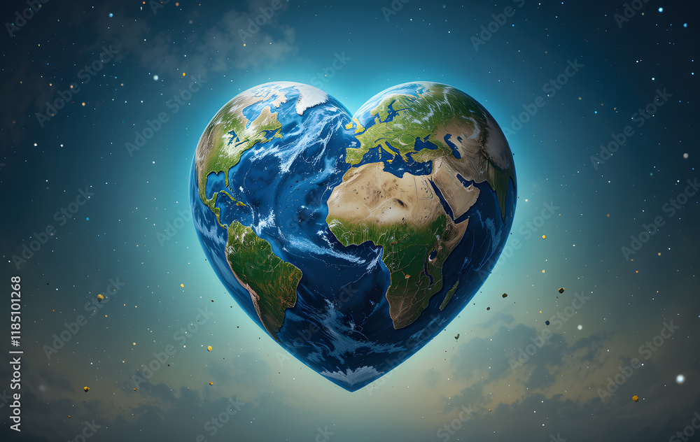 Naklejka premium Heart-shaped Earth symbolizing global love and environmental conservation, emphasizing the connection between humanity and the planet 