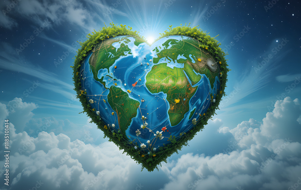 Naklejka premium Heart-shaped Earth symbolizing global love and environmental conservation, emphasizing the connection between humanity and the planet 