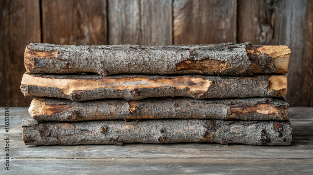 Stack of rustic logs on a wooden surface. Stack of rustic logs on a wooden surface.