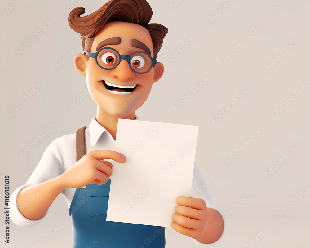 3D Illustration of Happy Man Holding Blank Paper, Ideal for Promotional and Business Use 3D Illustration of Happy Man Holding Blank Paper, Ideal for Promotional and Business Use