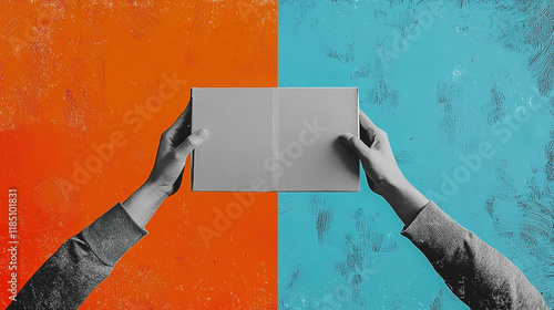 Contemporary artistic collage depicting hands holding a package, symbolizing delivery, exchange, and the concept of gift-giving in a modern, abstract visual style. photo