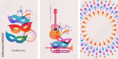 Carnival vertical banners with guitar, masks and fireworks. Colorful vector backgrounds for social media stories.