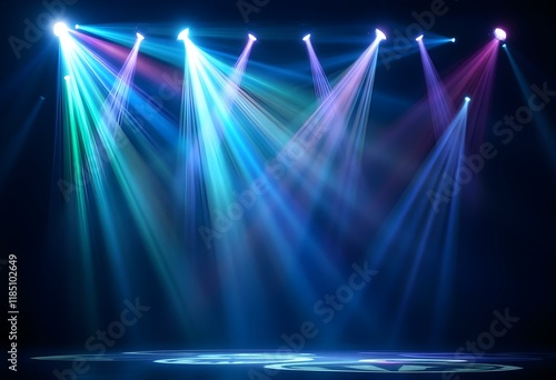 Stage lights. light beams from the stage spotlights on the stage at the time of the entertainment show. Night club. Lights show. Lazer show isolated on black background light projector illumination photo